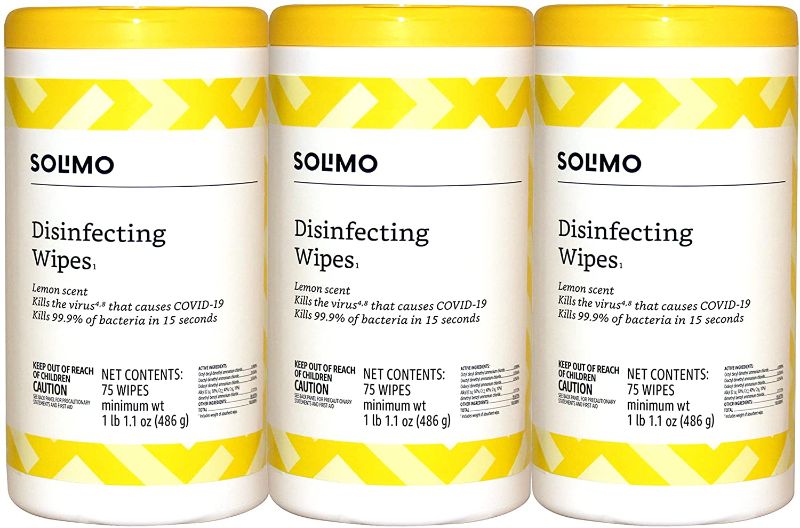 Photo 1 of Amazon Brand - Solimo Disinfecting Wipes, Lemon Scent, Sanitizes/Cleans/Disinfects/Deodorizes, 75 Count (Pack of 3)