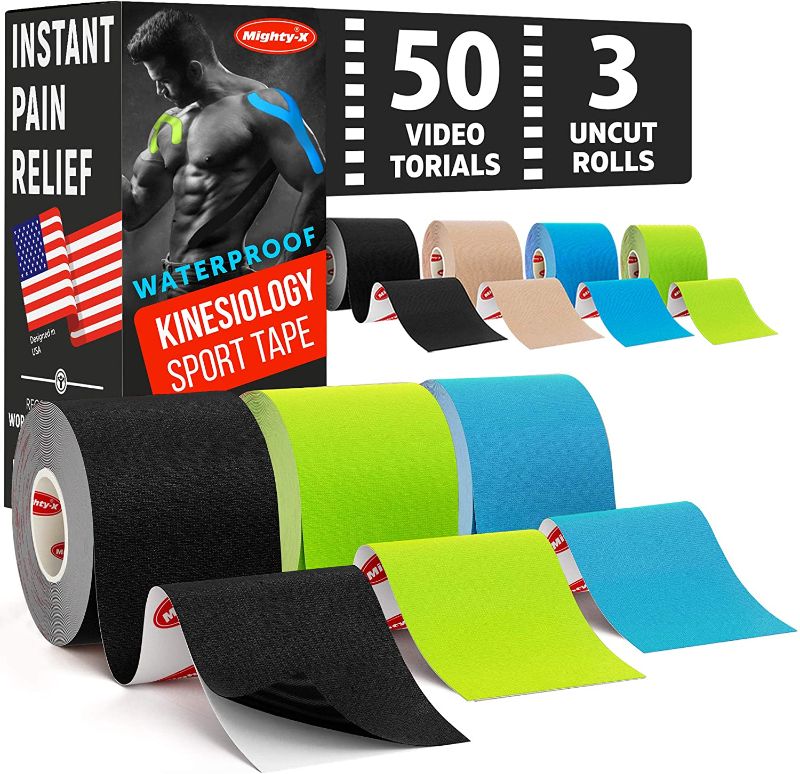 Photo 1 of (3 Uncut Rolls) Waterproof Kinesiology Tape - Immediate Pain Relief - 16.4ft Runners Tape with Great Adhesion + 50 Video Guides - Latex Free - K Tape Roll