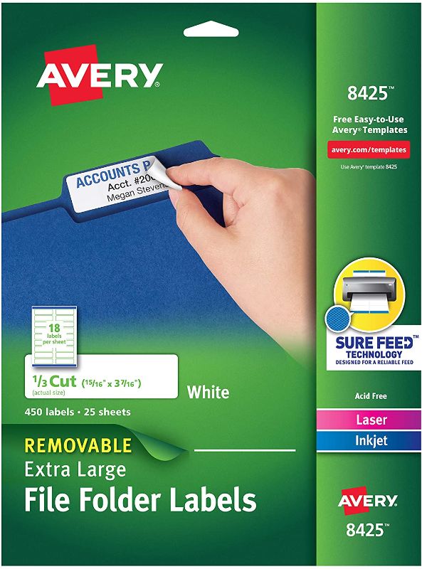 Photo 1 of Avery Removable Extra Large File Folder Labels, 1/3 Cut, White, Pack of 450 (8425)