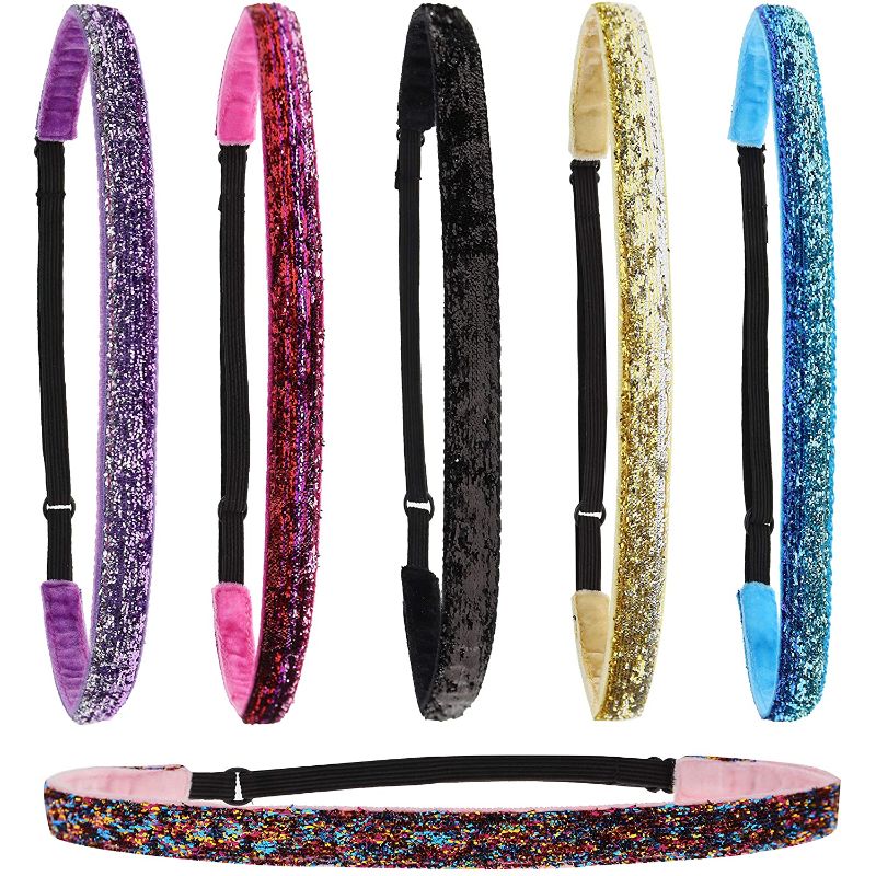 Photo 1 of FROG SAC 6 Sparkly Glitter Elastic Headbands For Girls, Adjustable Non Slip Thin Stretch Sports Headband for Teens, Cute Stretchy Nonslip Fashion Teen Girl Hair Accessories, Yoga and Sport Head Wraps For Kids