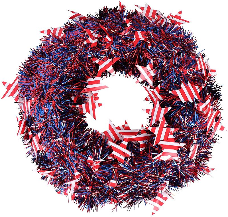 Photo 1 of 11.8 Inch Patriotic Wreath Fourth of Julys Wreath and Veterans Day Decor Independence Day Wreath Artificial Flowers Garland Hanging Pendants for Home Door Garden Decorations