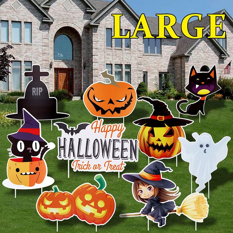 Photo 1 of 9 Packs Halloween Yard Signs With Stakes, TOROKOM Halloween Outdoor Lawn Garden Stake Decorations Large Pumpkin Witch Ghost Waterproof Props Trick or Treat Yard Signs for Halloween Yard Lawn Decor