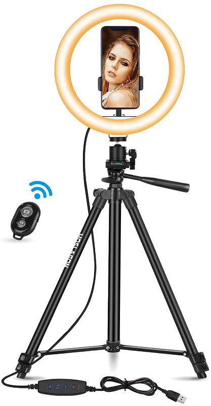 Photo 1 of 10" LED Selfie Ring Light with Tripod Stand, Phone Holder with Adjustable Height and Lighting Modes Compatible with Tiktok/YouTube/Zoom/Live, Portable Mini Ring Light with Stand for Makeup & Photography
