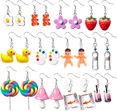 Photo 1 of Belanttega 12Pairs Funny Weird Dangle Earrings Kidcore Indie Y2K Aesthetic Jewelry Gummy Bear Strawberry Paint Palette Duck Milktea Bottle Goldfish Mushroom Lollipop Baby with Hypoallergenic 925 Hook