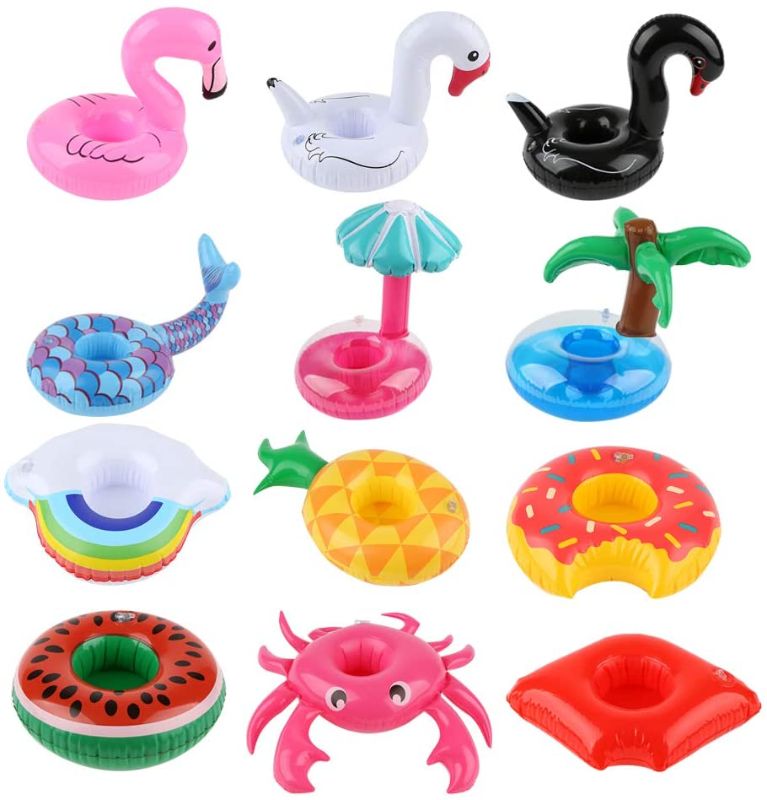 Photo 1 of 12 Pack Inflatable Drink Holder, Inflatable Drink Floats, 12 Different Shape Inflatable Cup Coasters for Pool Party and Kids Fun Bath Toys
