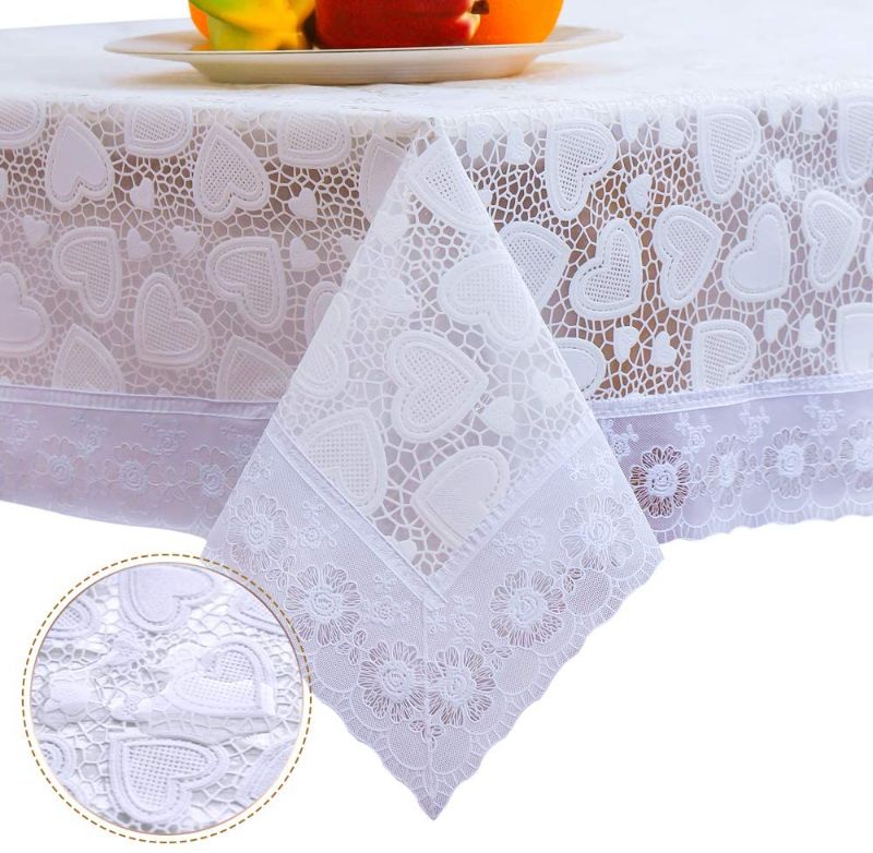 Photo 1 of DITAO White Waterproof Vinyl Lace Tablecloth Square Easy Wipe Table Cloth for Party Wedding, 59 x 59 inch