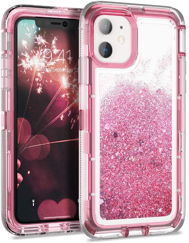 Photo 1 of Dexnor Compatible with iPhone 11 Case 6.1 inch Glitter Bling Clear Hard PC 3D Liquid Cover TPU Silicone Shockproof Protective Heavy Duty Defender Bumper for Girls Women Pink