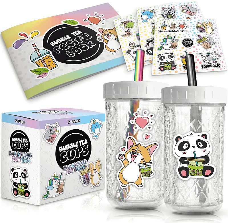 Photo 1 of 2-Pack Reusable Bubble Tea Cup Set – 21oz Diamond-Pattern Glass Boba Tea Cups with Lids & Straws – Bubble Tea Gift Set Includes Recipe Book & Stickers - Reusable Boba Cup for Milk Tea & Smoothie