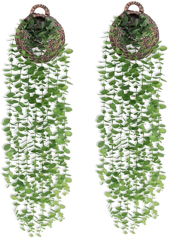 Photo 1 of 2 Pack Fake Hanging Plants Eucalyptus Garland Artificial Greenery Vines for Room Garden Home Wall Indoor Outdoor Decor, Basket Not Included