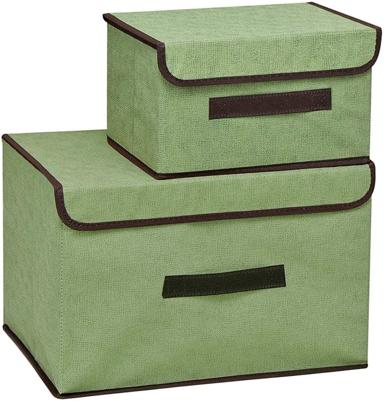 Photo 1 of BQUEEN Foldable Storage Bins Set 2 Pack Storage Boxes with Cubes Lids and Handles Fabric Storage Baskets Organizer Collapsible Box Containers For Toys Shelves Clothes Papers and Books (Avocado Green)