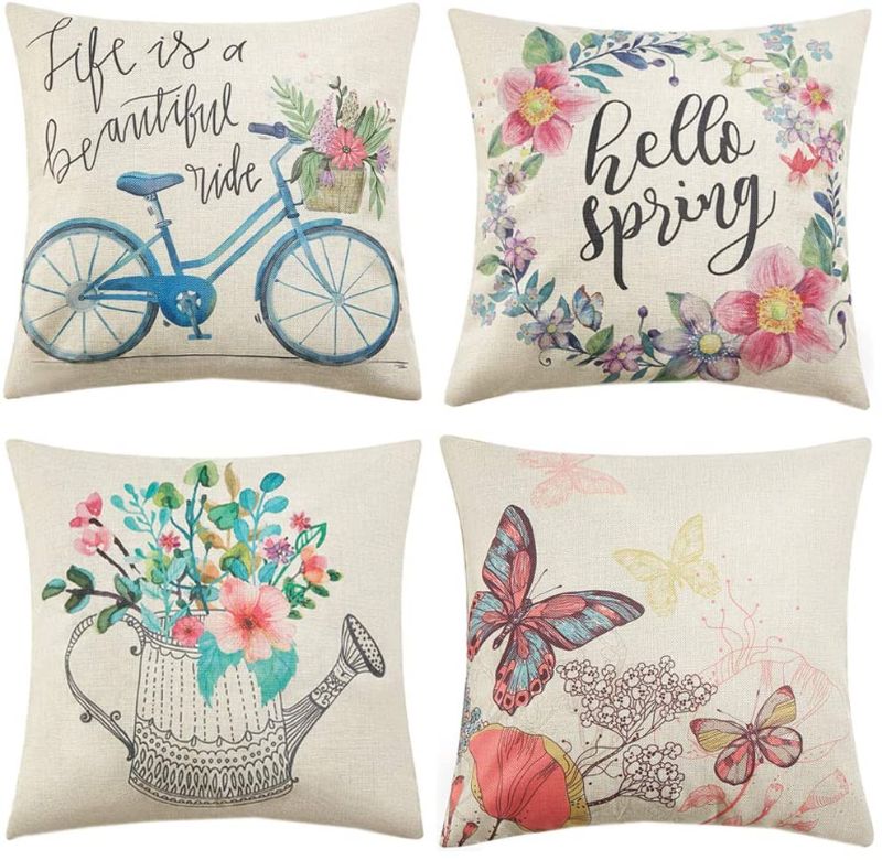 Photo 1 of Anickal Spring Pillow Covers 18x18 Inch Set of 4 for Spring Decorations Hello Spring Wreath Bicycle Butterfly Decorative Throw Pillow Covers for Spring Home Farmhouse Decor