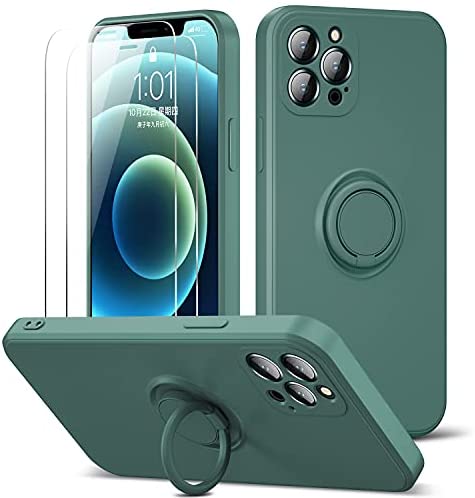 Photo 1 of VOMODI Compatible for iPhone 12 and iPhone 12 Pro Case, Slim Soft Silicone, Drop Shockproof Protective, Simple Solid Color with Ring Stand,6.1 inch, Green