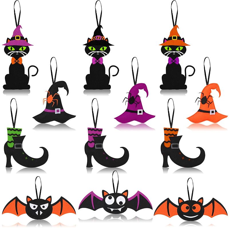 Photo 1 of 12 Pieces Halloween Felt Hanging Ornaments Witch Hat Hanging Decor Colorful Bat Black Cat Felt Ornaments Happy Halloween Felt Door Hanging Decor for Halloween Party Decoration