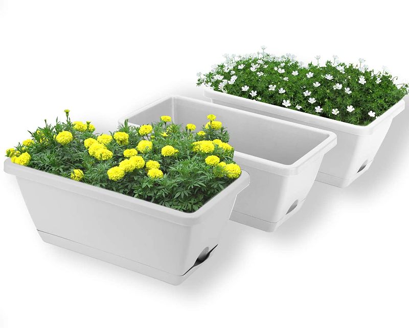 Photo 1 of 3 Packs Window Boxes Planters, 14 Inches Rectangular Vegetable Plastic Planters with Trays, Indoor and Outdoor Flower Boxes for Windowsill, Patio, Garden, Porch (Grey, 3)