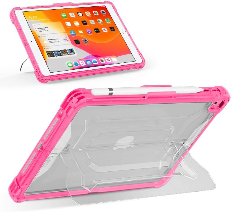 Photo 1 of Youtec iPad 8th Generation Case, iPad 7th Generation Case, iPad 10.2 inch Case 2019/2020, Shockproof Rugged iPad 10.2 Protective Clear Back Cover with Kickstand + Pen Holder for 10.2 iPad 8th/iPad 7th, Pink