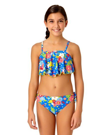 Photo 1 of Angel Beach Girls' Blue & Pink Floral Ruffle-Accent Bikini, Size 12