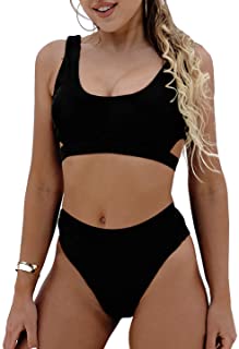 Photo 1 of Blooming Jelly Women's High Waisted Swimsuit Crop Top Cut Out Two Piece Cheeky High Rise Bathing Suit Bikini, Black, XL