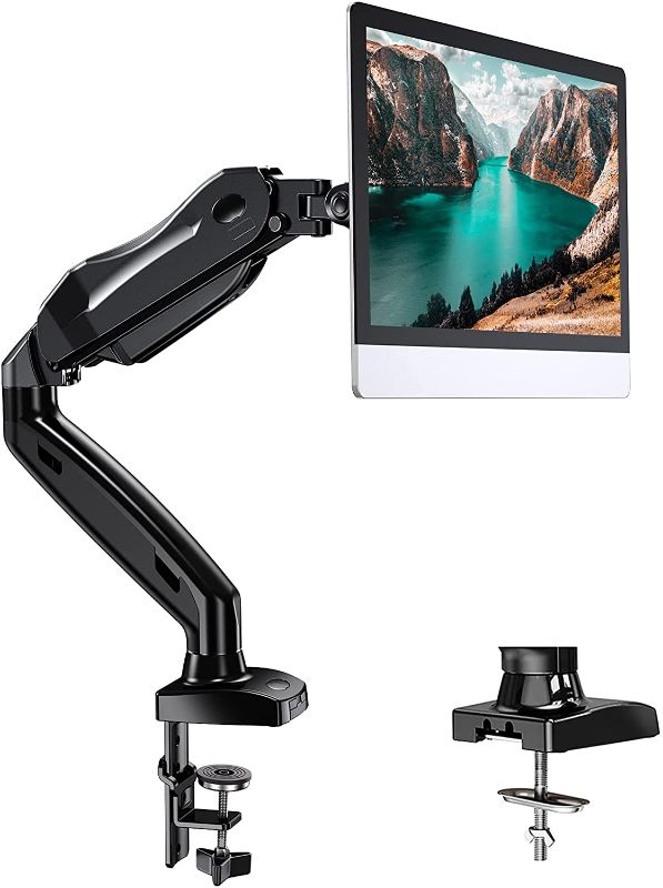 Photo 1 of HUANUO Single Monitor Mount - Articulating Gas Spring Monitor Arm, Adjustable Monitor Stand, Vesa Mount with Clamp and Grommet Base - Fits 17 to 27 Inch LCD Computer Monitors 4.4 to 14.3lbs