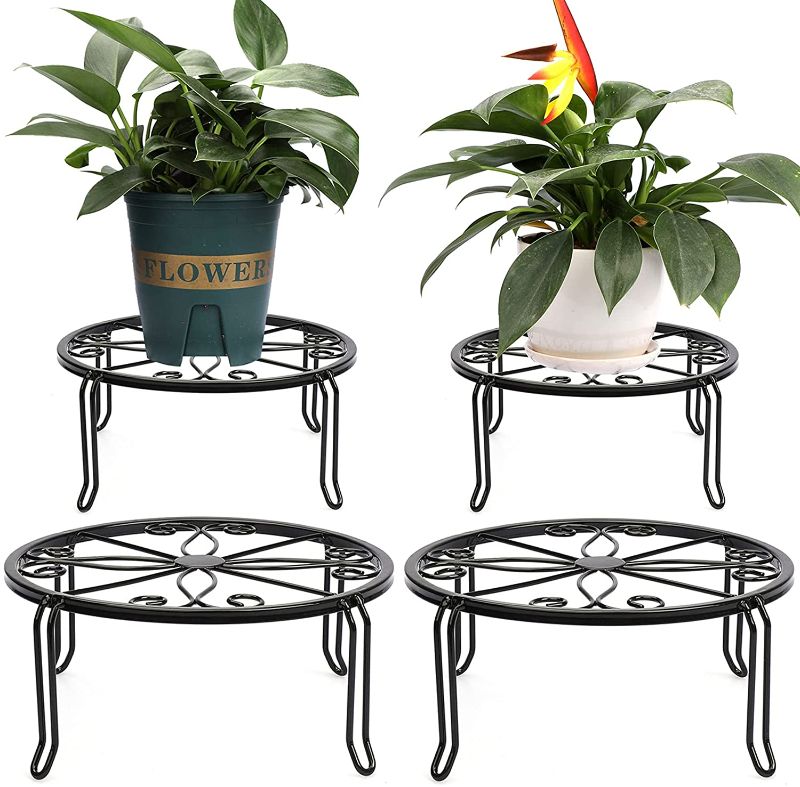 Photo 1 of 4 Pack Black Metal Potted Plant Stands for Indoor and Outdoor Plants 9.1 inches Flower Pot Planter Holder