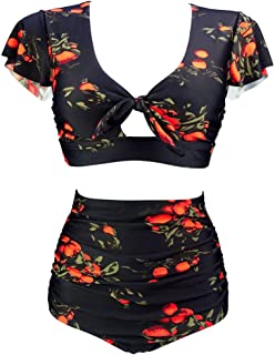 Photo 1 of COCOSHIP Women's Retro Ruched Ruffle High Waist Two Piece Bikini Set Tie Knot Front Top Sport Bath Swimsuit, Black Tangerine, Size 14