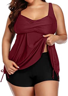 Photo 1 of Aqua Eve Women Plus Size Tankini Swimsuit Two Piece Flowy Swimdress Bathing Suits with Shorts, Wine Red, 18W