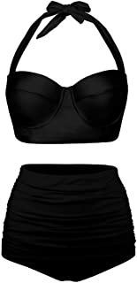 Photo 1 of Angerella Women Vintage High Waisted Bathing Suit Ruched Bikini Set, Black, XL