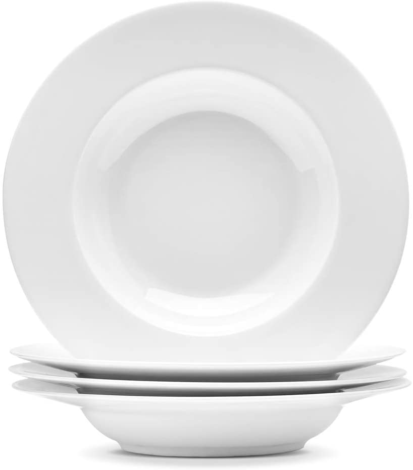 Photo 1 of Artena Elegant White Pasta Bowls Set of 4, 12 Ounce Soup Bowls, Wide Rim Salad Bowl, Premium Porcelain Pasta Plate Bowl, Shallow Soup Plates for Eating, Microwave Dishwasher Oven Safe Bowls