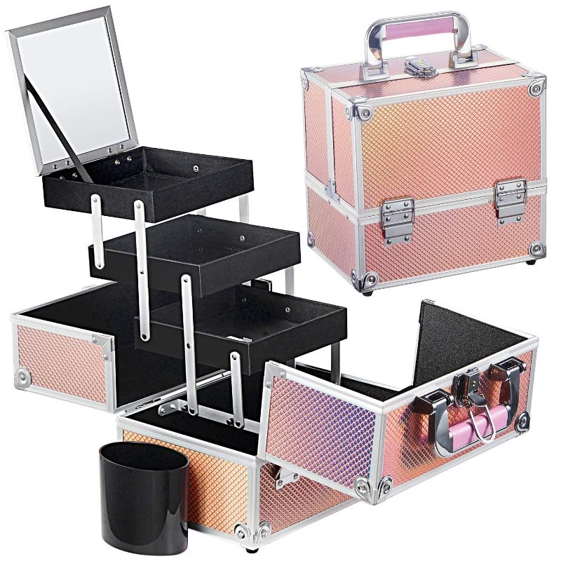 Photo 1 of Frenessa Makeup Train Case Portable Cosmetic Box Jewelry Organizer 3 Trays with Brush Holder Keys and Mirror Carrying with Handle Makeup Storage Box Travel Cases for Women and Girls - Shiny Mermaid