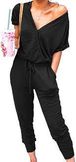 Photo 1 of ADIBOSY Women's V Neck Jumpsuits Short Sleeve Loose Jumpsuit Elastic Waist Romper Summer Romper for Women, Black, Large