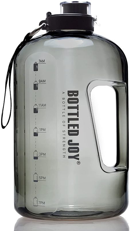 Photo 1 of 1 Gallon Water Jug with Flip-top Lid and Handle Strap, Leak-proof BPA Free Reusable Time Marker Reminder Large Capacity Wide Mouth Gallon Water Bottle for Outdoor Sports Fitness Gym Hiking