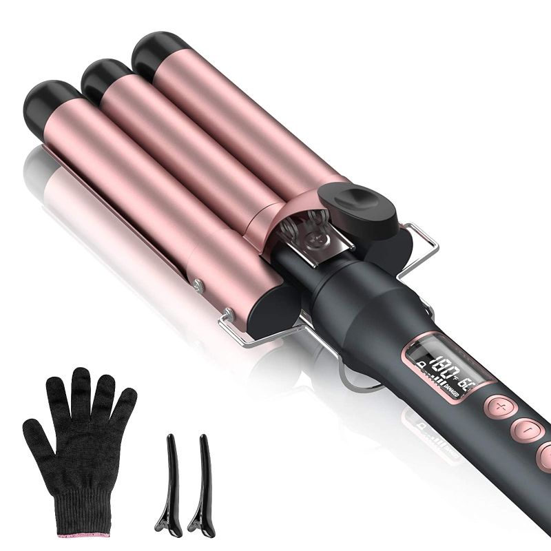 Photo 1 of 3 Barrel Curling Iron Wand 25mm Hair Waver Crimper Hair Iron with LCD Display, Ceramic Tourmaline Triple Barrels Temperature Adjustable, Dual Voltage (Rose Gold)