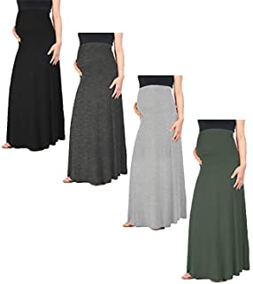 Photo 1 of Women's Maternity Maxi Skirt – 4 Pack High Waisted Fold Over Elastic Waist Foldable Pregnancy Long Floor Length, XL (Purple, Gray, Teal, Black)