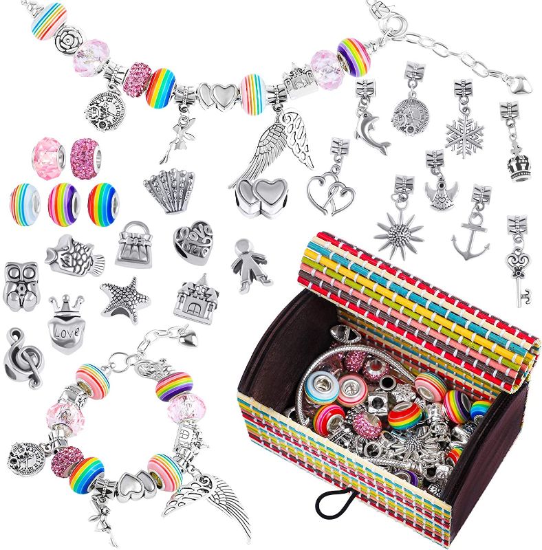 Photo 1 of 2x ADXCO 61 Pack Jewellery Making Kit DIY Charm Bracelet Making Sets with Gift Box Silver Plated Beads Chains Crafts Charm Bracelets Kit with Beads for DIY Craft
