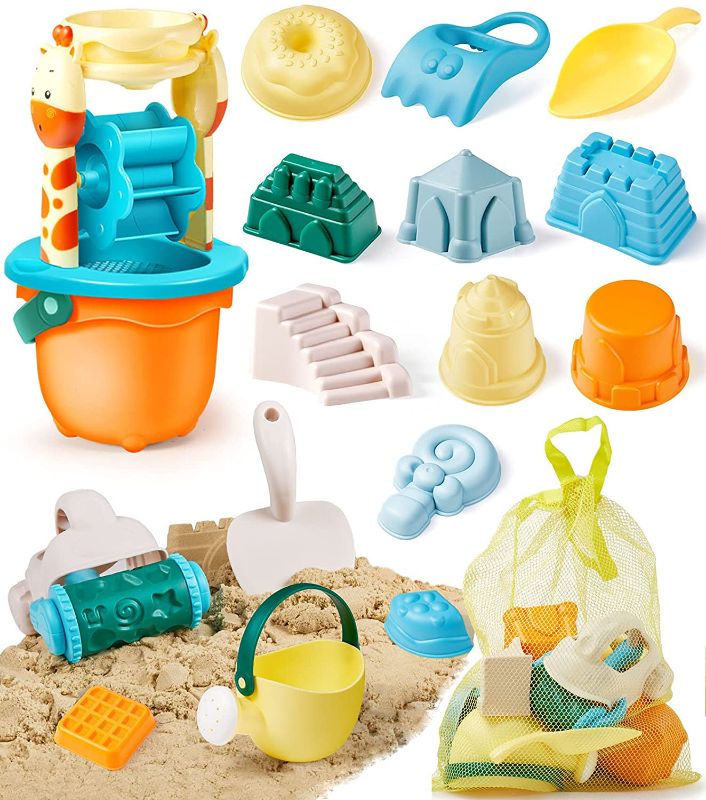 Photo 1 of Geyiie Kids Beach Sand Toys Set, 16Pcs Sand Castle Toys with Giraffe Waterwheel, Beach Buggy, Sand Molds, Beach Bucket, Shovel Rake Tool Kit and a Storage Bag, Sand Toys for Toddlers Kids Outdoor Play
