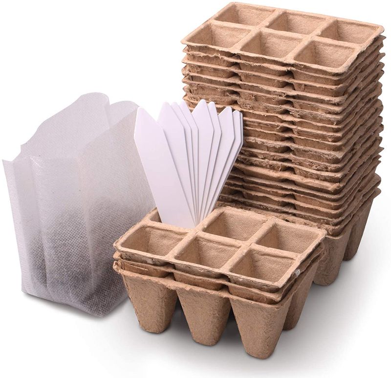 Photo 1 of 4x MIXC 25PCS Seed Starter Tray Seedling Growing Trays Peat Pots 100% Eco-Friendly Plant Germination Grow Kit , 1.3 inch Square 150 Cells with 10 Nursery Grow Bags 10 Plant Labels
