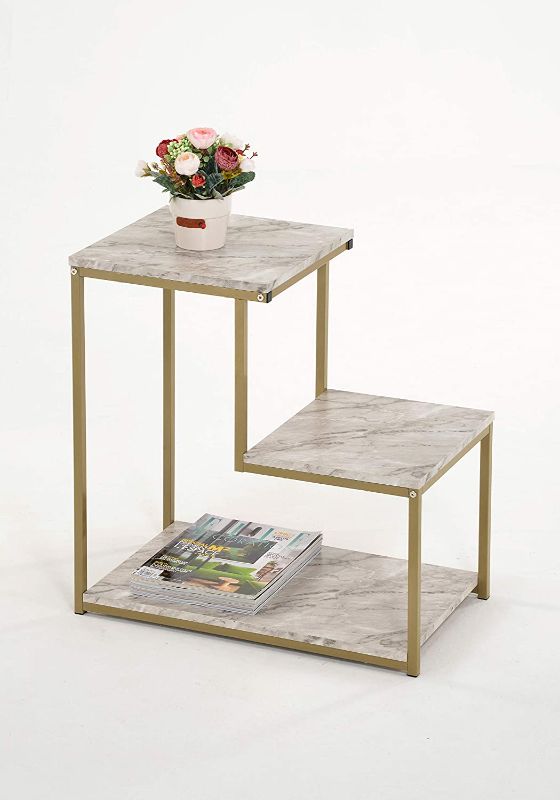 Photo 1 of 3-Tier Side End Table, Nightstand with Storage Shelf, Sturdy Metal Frame, Ladder-Shaped Chair Side Table, Gold with White Faux Marble Finish Tabletop Industrial Storage Shelf
