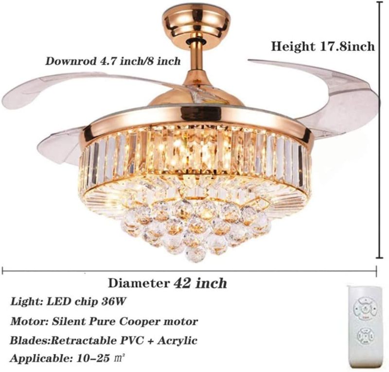 Photo 1 of 42 Inch Luxury Crystal Retractable Ceiling Fan with Light Remote Control ,LED 3 Color Changing Fan Light Silent Invisible Fan Chandelier Lighting (Rose Gold)
