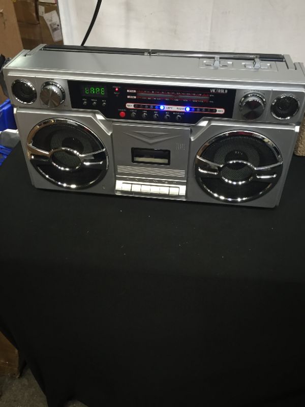 Photo 3 of Victrola 1980s Retro Bluetooth Boombox with Cassette Player and AM/FM Radio
TURNS ON BUT UNABLE TO HEAR SOUND -- SOLD FOR PARTS ONLY