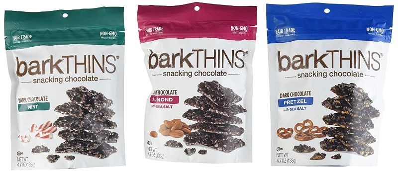 Photo 1 of Bark Thins Snacking Chocolate Variety Pack of THREE - Dark Chocolate Almond, Dark Chocolate Mint, & Dark Chocolate Pretzel, 4.07 ounce each (3 Pack) EXPIRED 8/2021