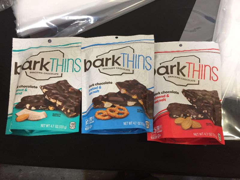 Photo 2 of Bark Thins Snacking Chocolate Variety Pack of THREE - Dark Chocolate Almond, Dark Chocolate Mint, & Dark Chocolate Pretzel, 4.07 ounce each (3 Pack) EXPIRED 8/2021