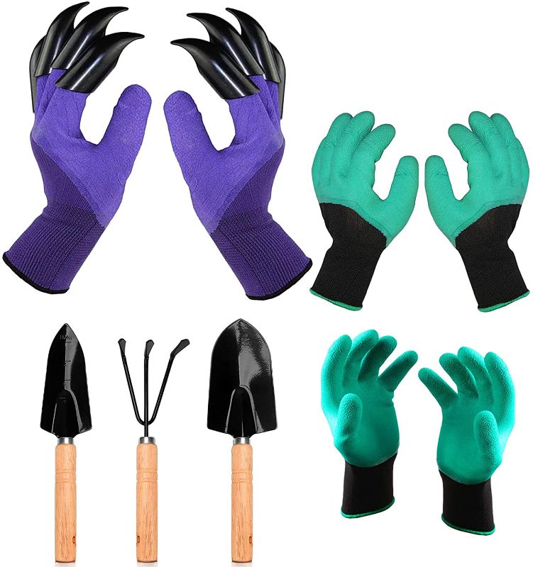 Photo 1 of 3 Pairs Gardening Gloves&Give-Away 3 Garden Tools,Waterproof Breathable Available All Seasons,Garden Gloves with Claws for Digging Planting, Weeding, Seeding,Gardening