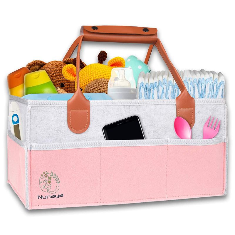 Photo 1 of Baby Diaper Caddy Organizer, Baby Gift Basket for Car/Bedroom/Travel, Nursery Storage bin for Storing Diapers and Other Baby Products Nunaya (Pink)