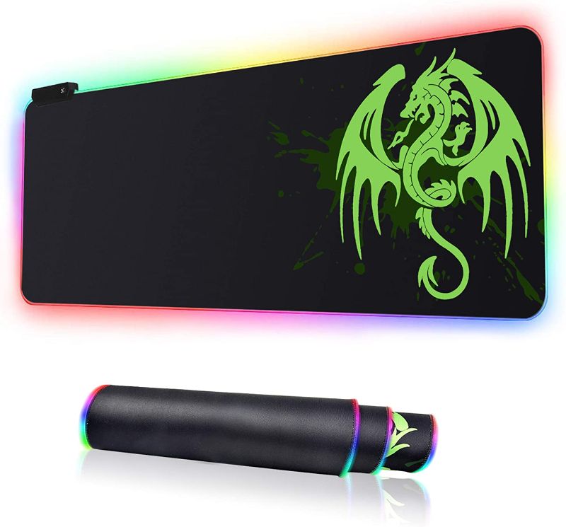 Photo 1 of RGB Gaming Mouse Pad, Large Extended Soft Led Mouse Mat with 14 Lighting Modes 2 Brightness Levels, Non-Slip Rubber Base, Waterproof Surface, Keyboard Mousepad (31.5 x 11.8 x 0.2 Inch) (Green Dragon)