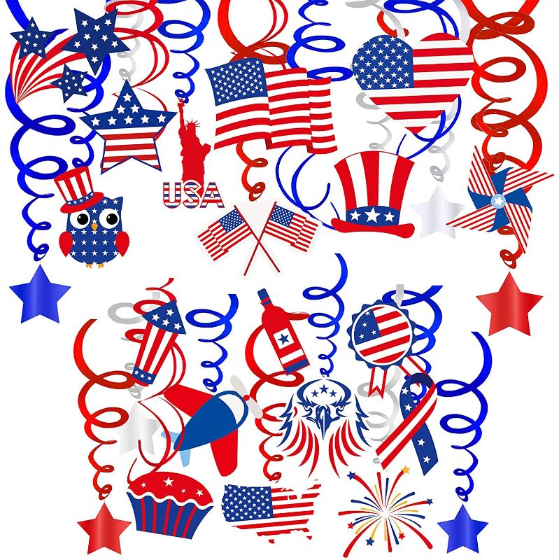 Photo 1 of 36 Pack Patriotic Hanging Swirl Decoration Patriotic Party Swirls Foil Swirl Steamers with Assorted Red White Blue American Flag Star Cutouts for 4th of July Independence Day Memorial Day Labor Day