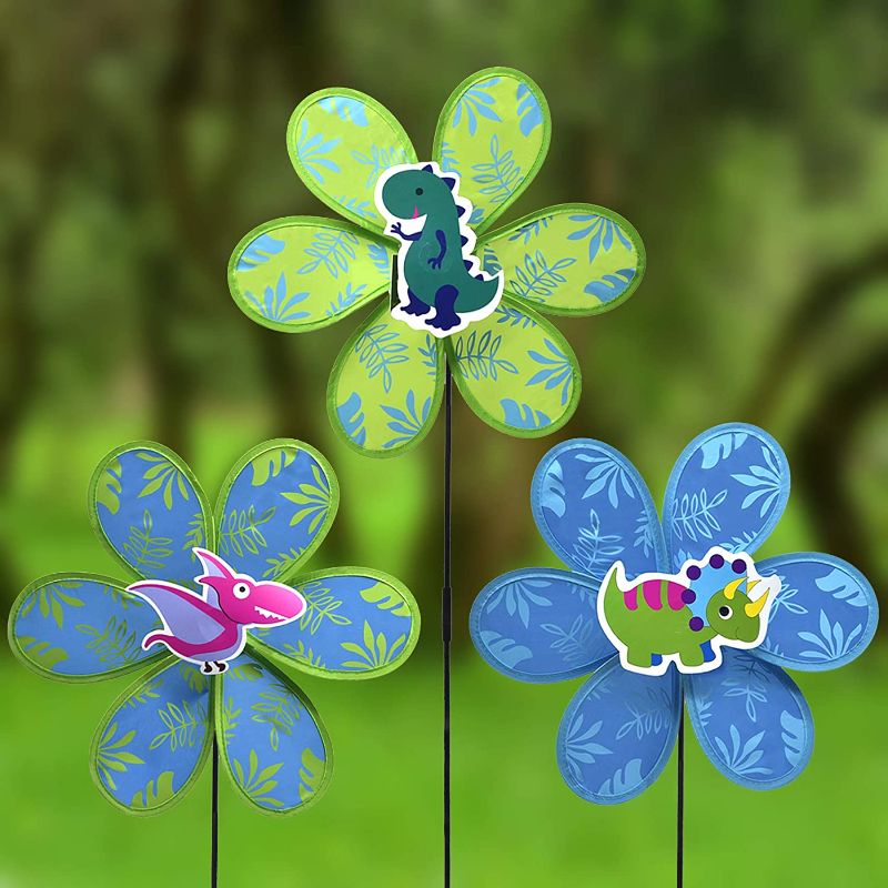 Photo 1 of FENELY Kids Pinwheels Whirligigs Wind Spinners Toys for Garden Yard Decor Dinosaur Windmill Lawn Decorations Decorative Garden Stakes Outdoor Whimsical Baby Gifts