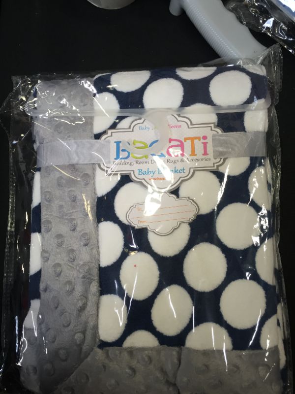 Photo 2 of Bacati Navy Ikat Dots with Border Plush Blanket, Navy/Grey, 30" x 40"