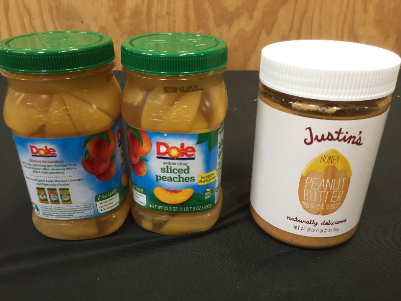 Photo 2 of 2 pack of Dole Yellow Cling Sliced Peaches - 23.5 oz jar and one jar of Justin's Peanut Butter Spread, Honey - 28 oz