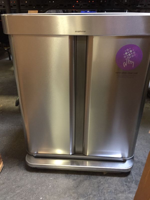 Photo 4 of 58-Liter Nano-Silver Clear Coat Brushed Stainless Steel Dual Compartment Rectangular Recycling Step-On Trash Can