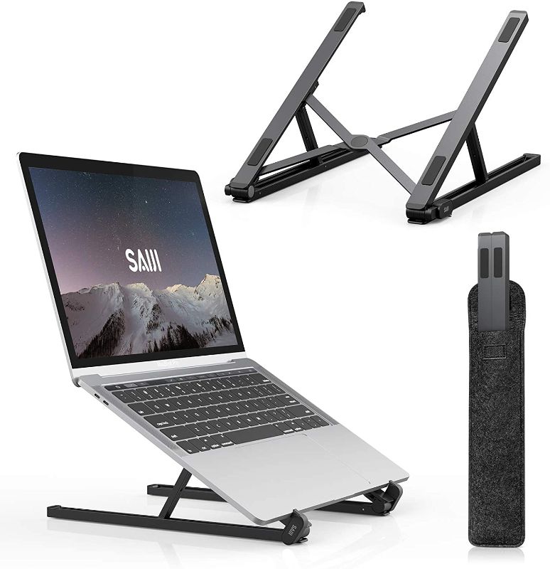 Photo 1 of Laptop Stand, SAIJI Laptop Riser for Desk Black, Adjustable Aluminum Foldable Portable Notebook Stand, Metal Holder Compatible with MacBook Air Pro, HP, Lenovo, Dell, More 10-15.6" Laptop (Black) 5 pack 