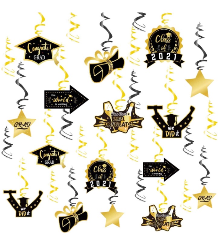 Photo 1 of 2021 Graduation Hanging Decorations Swirls,Graduation Party Supplies Decorations Hanging Swirl, Black & Gold Foil Hanging Swirls for College Graduation Decorations by ACXOP (30) 2 sets